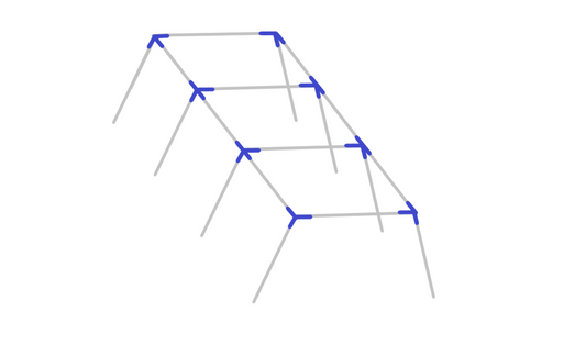 Assembly diagram for 30 foot slant leg baseball softball batting cage frame showing fitting placement