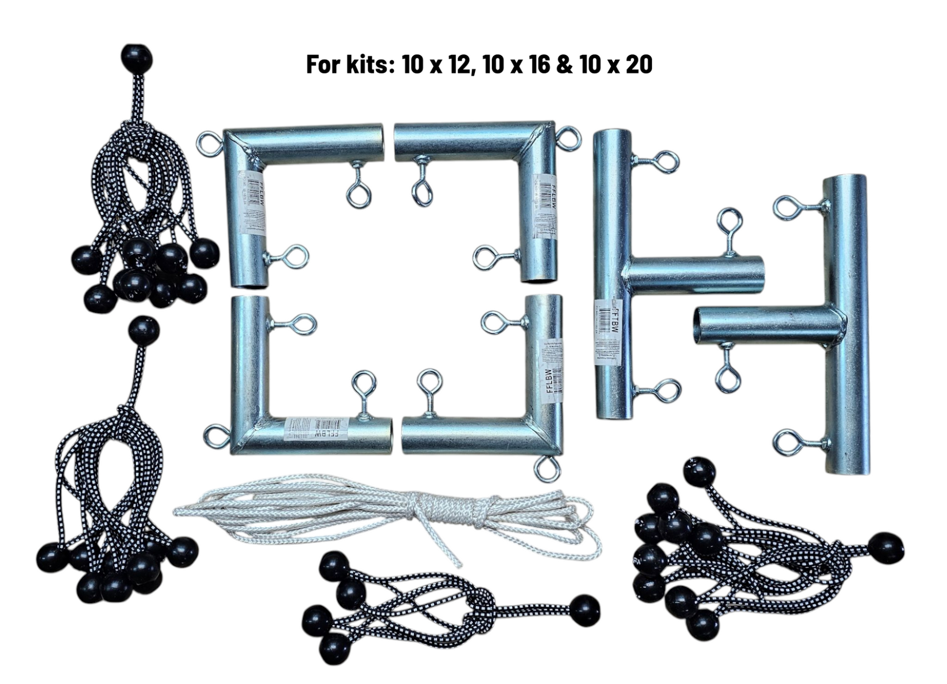 Hanging Movie screen kit components including fittings, bungees, and rope for kits 10x12, 10x16 and 10x20