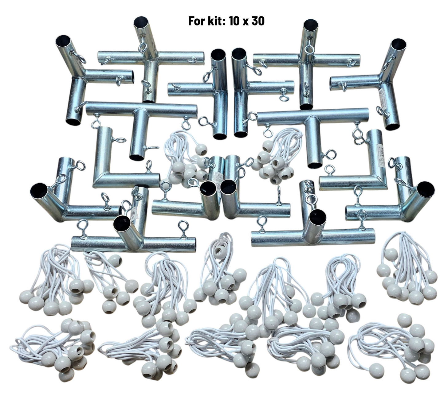 10x30 Sukkah kit components including heavy duty galvanized steel fittings and bungees