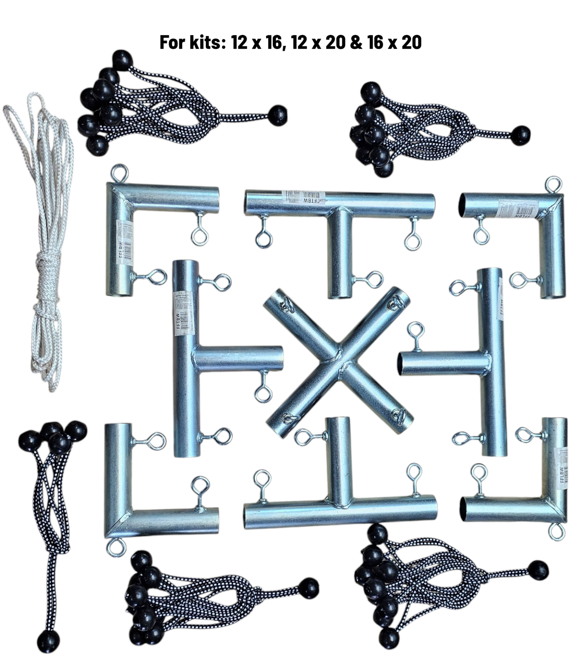 Hanging Movie screen kit components including fittings, bungees, and rope for kits 12x16, 12x20 and 16x20