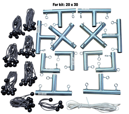 Hanging Movie screen kit components including fittings, bungees, and rope for kits 20x30 using heavy duty bungees