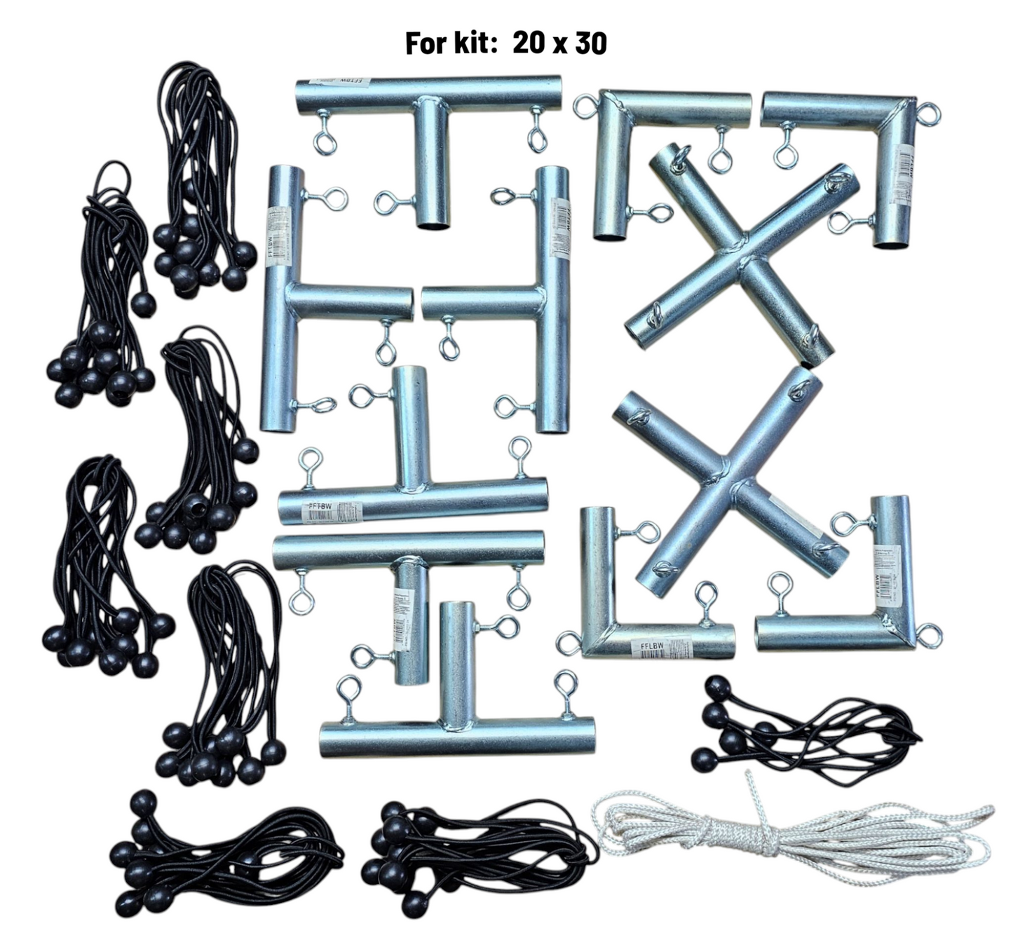 Hanging Movie screen kit components including fittings, bungees, and rope for kits 20x30