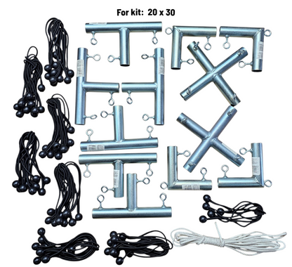 Hanging Movie screen kit components including fittings, bungees, and rope for kits 20x30