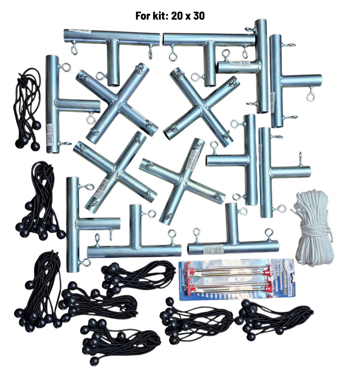 Portable Outdoor Standing Movie screen kit components including fittings, bungees, stakes and rope for 20x30 kit