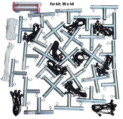 Portable Outdoor Standing Movie screen kit components including fittings, bungees, stakes and rope for 30x40 kit