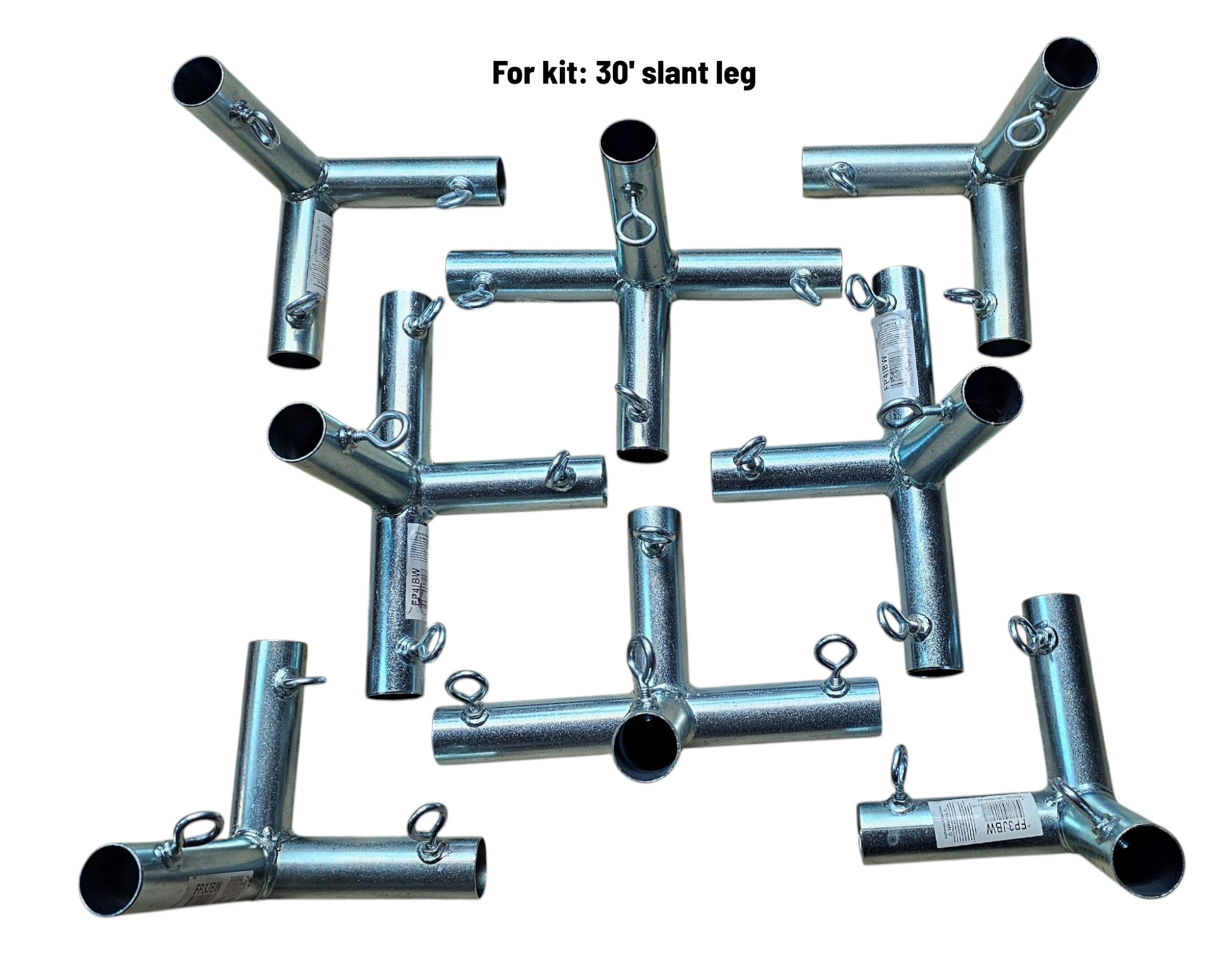 Heavy duty galvanized steel batting cage fittings with welded eye bolts for baseball and softball 30 foot slant leg kit
