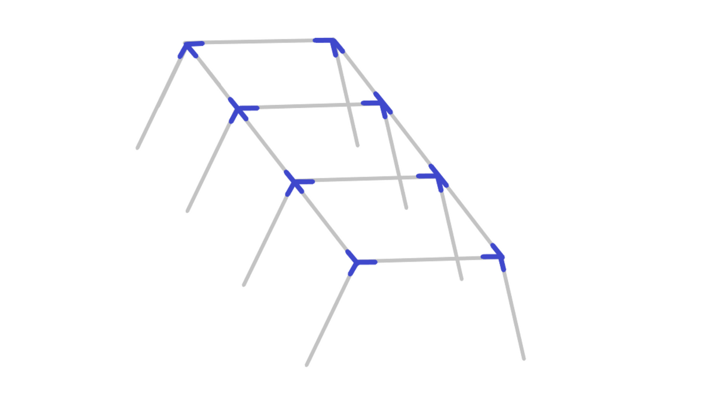 Assembly diagram for 30 foot slant leg baseball softball batting cage frame showing fitting placement