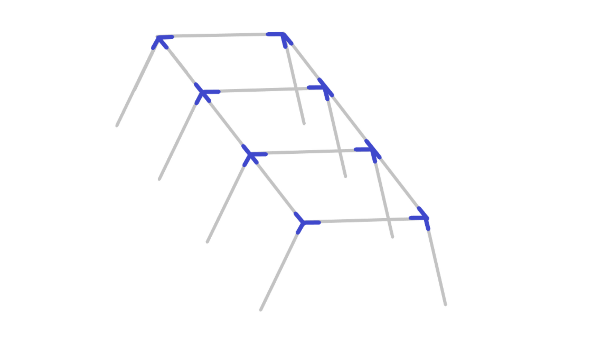 Assembly diagram for 30 foot slant leg baseball softball batting cage frame showing fitting placement