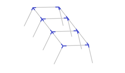 Assembly diagram for 30 foot slant leg baseball softball batting cage frame showing fitting placement
