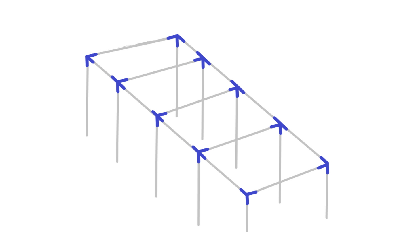 Assembly diagram for 40 foot straight leg baseball softball batting cage frame showing fitting placement
