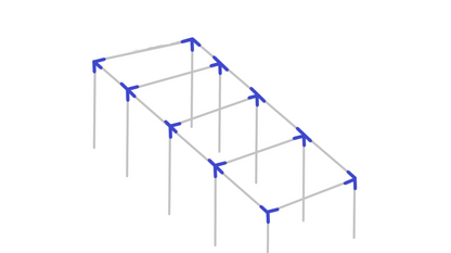 Assembly diagram for 40 foot straight leg baseball softball batting cage frame showing fitting placement