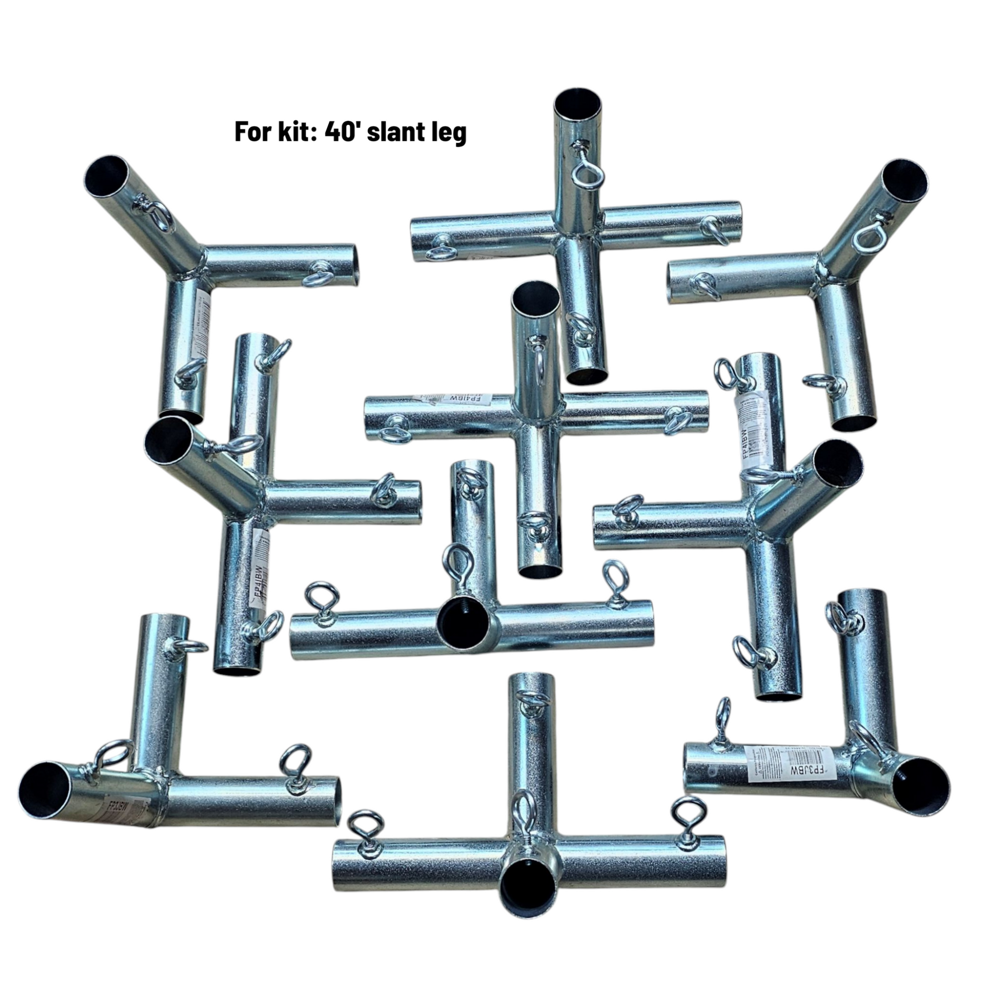 Heavy duty galvanized steel batting cage fittings with welded eye bolts for baseball and softball 40 foot slant leg kit