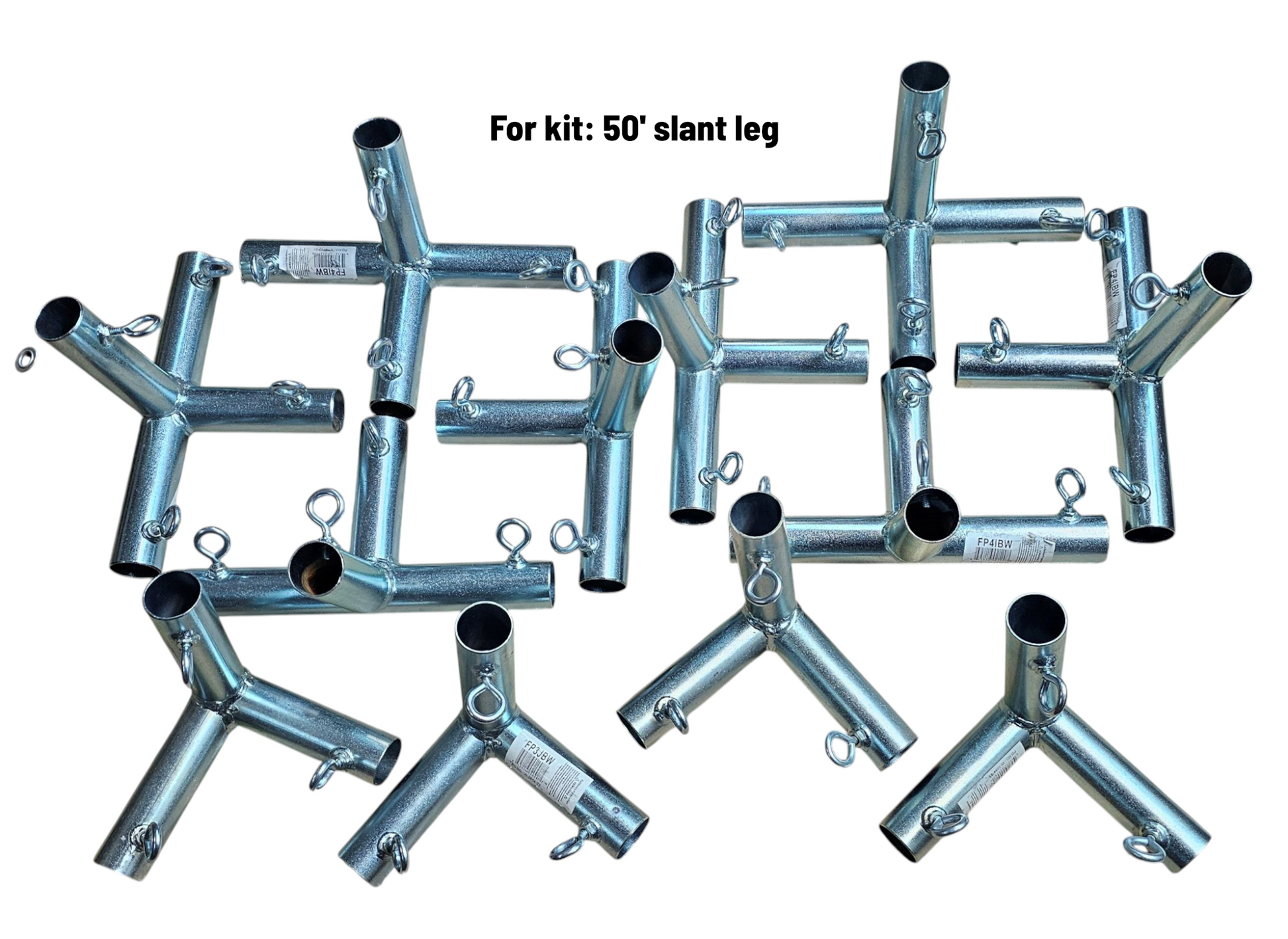 Heavy duty galvanized steel batting cage fittings with welded eye bolts for baseball and softball 50 foot slant leg kit
