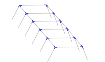 Assembly diagram for 50 foot slant leg baseball softball batting cage frame showing fitting placement