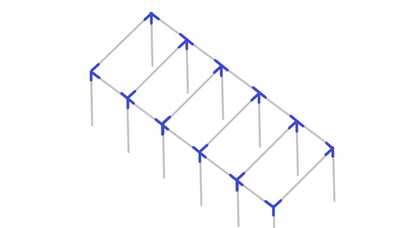 Assembly diagram for 50 foot straight leg baseball softball batting cage frame showing fitting placement
