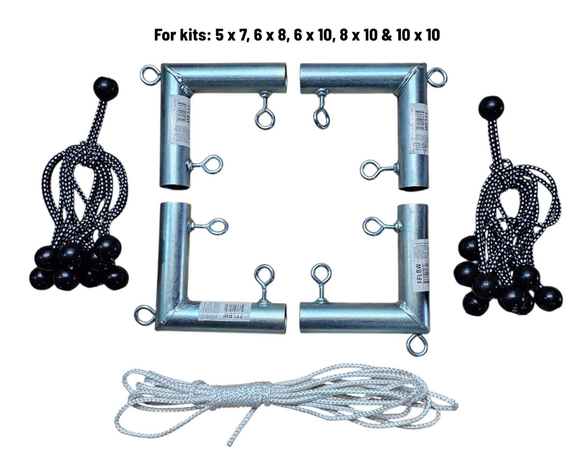 Hanging Movie screen kit components including fittings, bungees, and rope for kits 5x7, 6x8, 6x10, 8x10, and 10x10 
