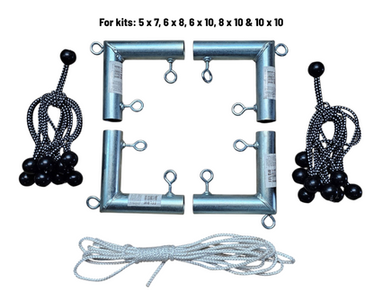 Hanging Movie screen kit components including fittings, bungees, and rope for kits 5x7, 6x8, 6x10, 8x10, and 10x10 
