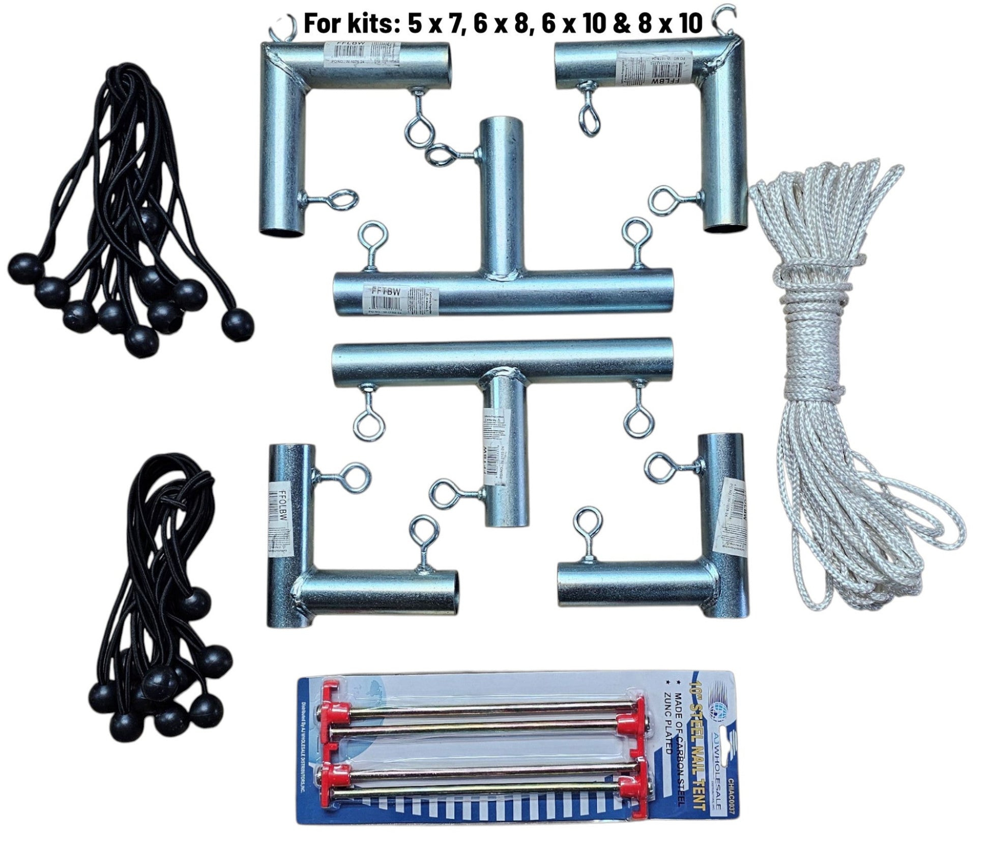 Portable Outdoor Standing Movie screen kit components including fittings, bungees, stakes and rope for kits 5x7, 6x8, 6x10 and 8x10
