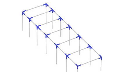 Assembly diagram for 60 foot straight leg baseball softball batting cage frame showing fitting placement
