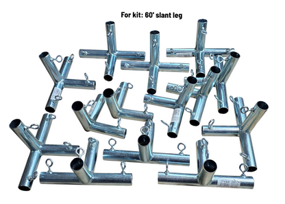 Heavy duty galvanized steel batting cage fittings with welded eye bolts for baseball and softball 60 foot slant leg kit