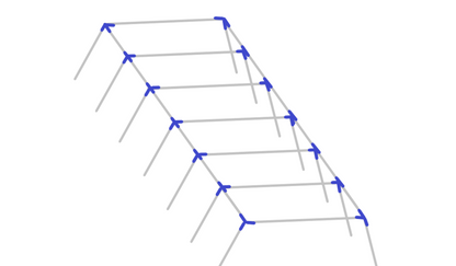 Assembly diagram for 60 foot slant leg baseball softball batting cage frame showing fitting placement
