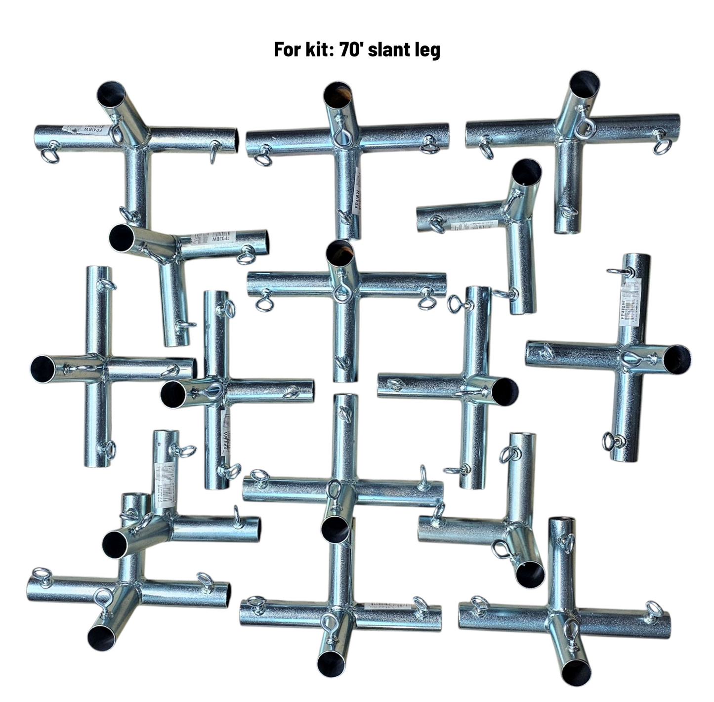 Heavy duty galvanized steel batting cage fittings with welded eye bolts for baseball and softball 70 foot slant leg kit