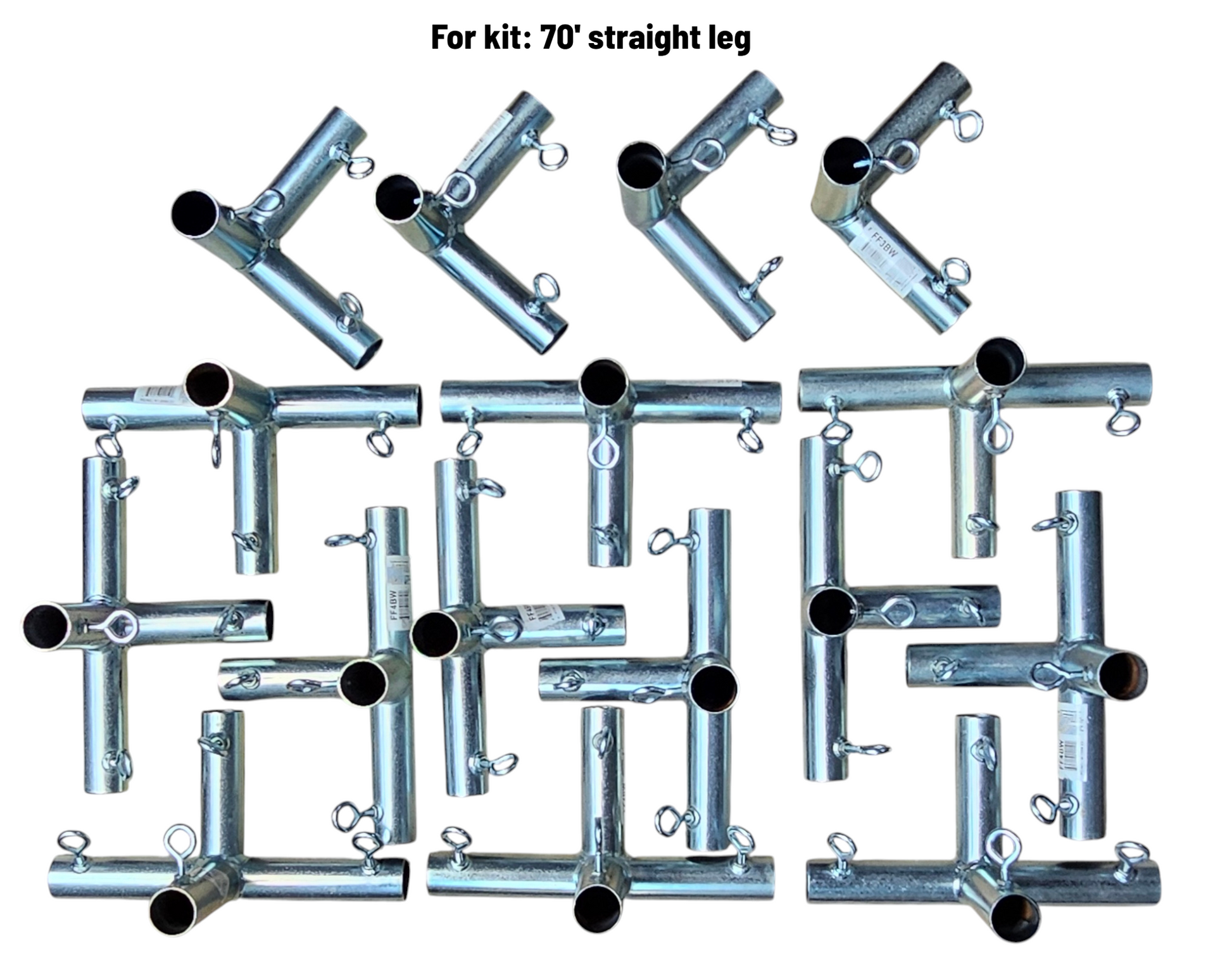 Heavy duty galvanized steel batting cage fittings with welded eye bolts for baseball and softball 70 foot kit
