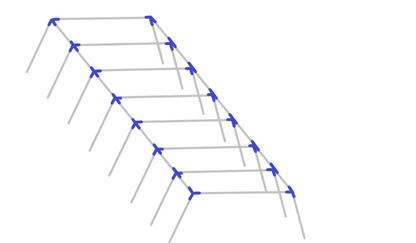 Assembly diagram for 70 foot slant leg baseball softball batting cage frame showing fitting placement
