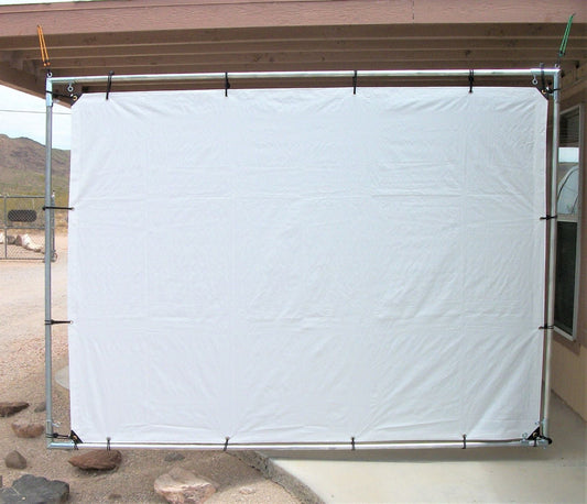 Outdoor hanging projection movie screen kit with white tarp and galvanized steel frame fittings 
