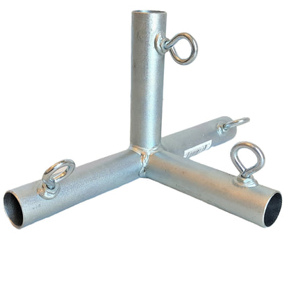 Heavy duty galvanized steel 4-way flat edge side canopy fitting with 90-degree angles and tightening eye bolts