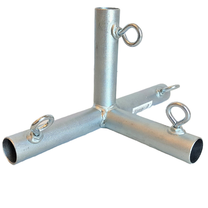 Heavy duty galvanized steel 4-way flat edge side canopy fitting with 90-degree angles and tightening eye bolts