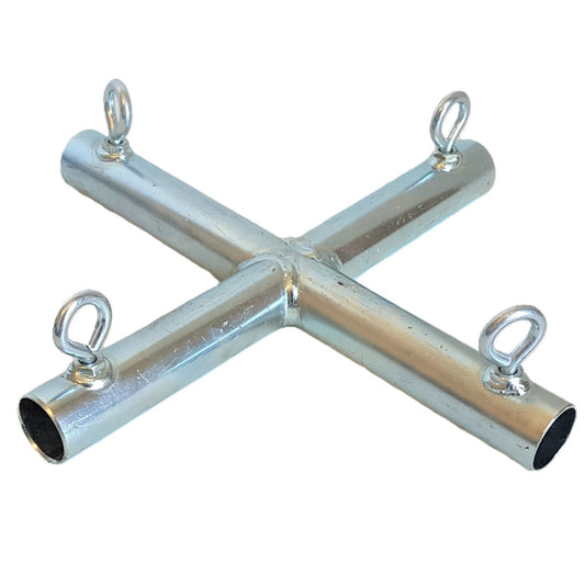 Heavy duty galvanized steel 4-way X shape canopy fitting with eye bolts
