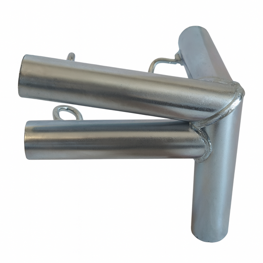 Heavy duty galvanized steel 4-way low peak right corner support canopy fitting with eye bolts