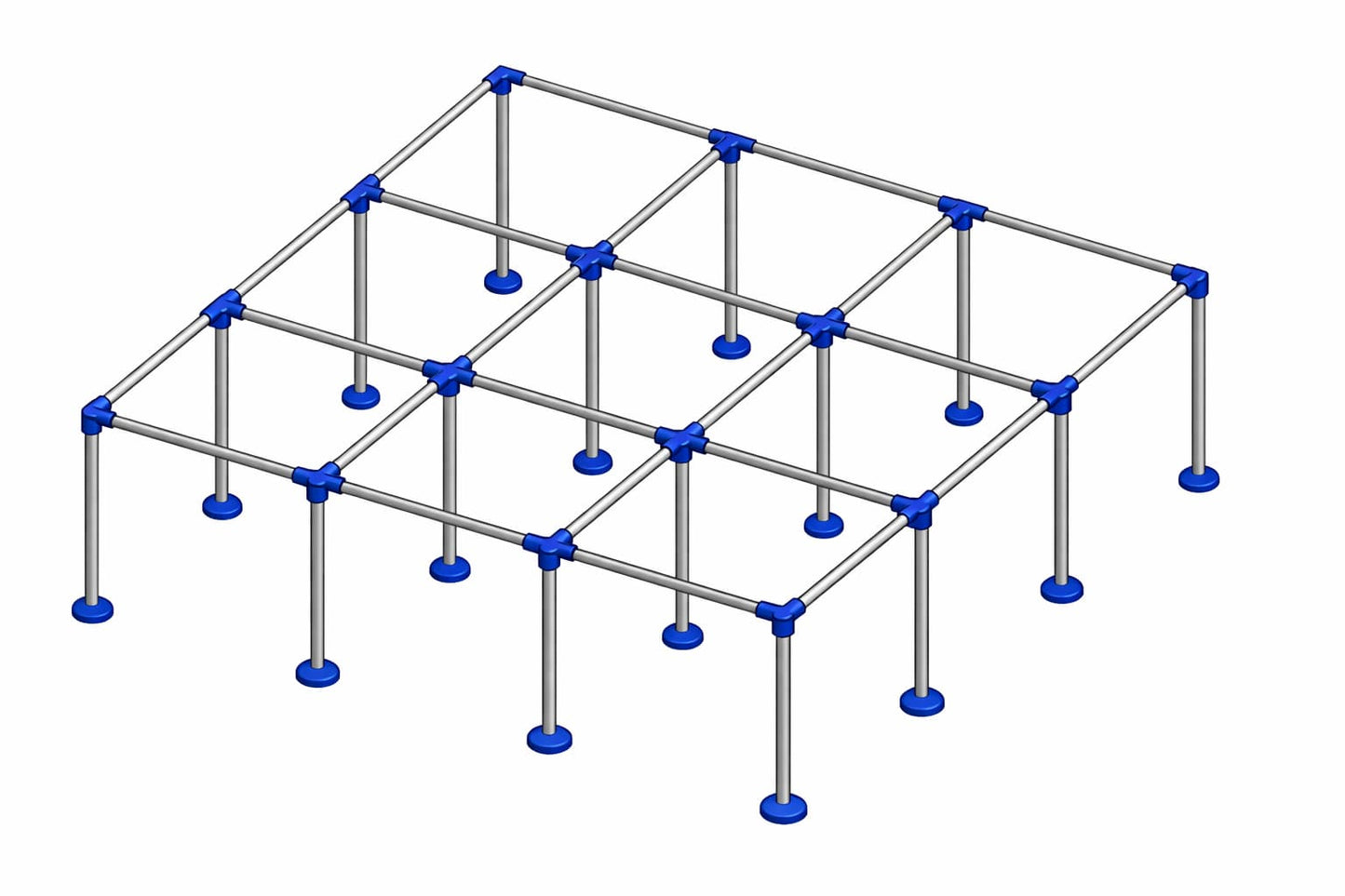 9 Square court frame diagram with foot pads showing fitting placement and ground stabilizers