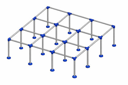 9 Square court frame diagram with foot pads showing fitting placement and ground stabilizers