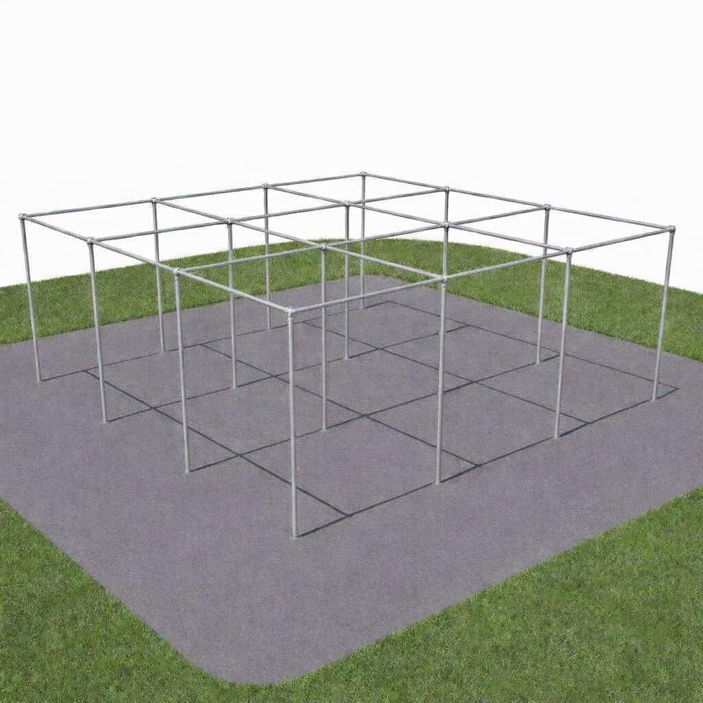 9 Square court frame diagram showing pipe fitting layout and grid dimensions