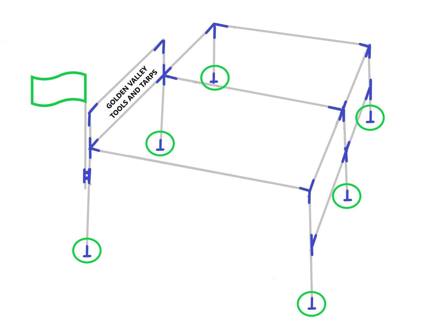 Diagram showing short foot pad fitting placement on canopy frame structure