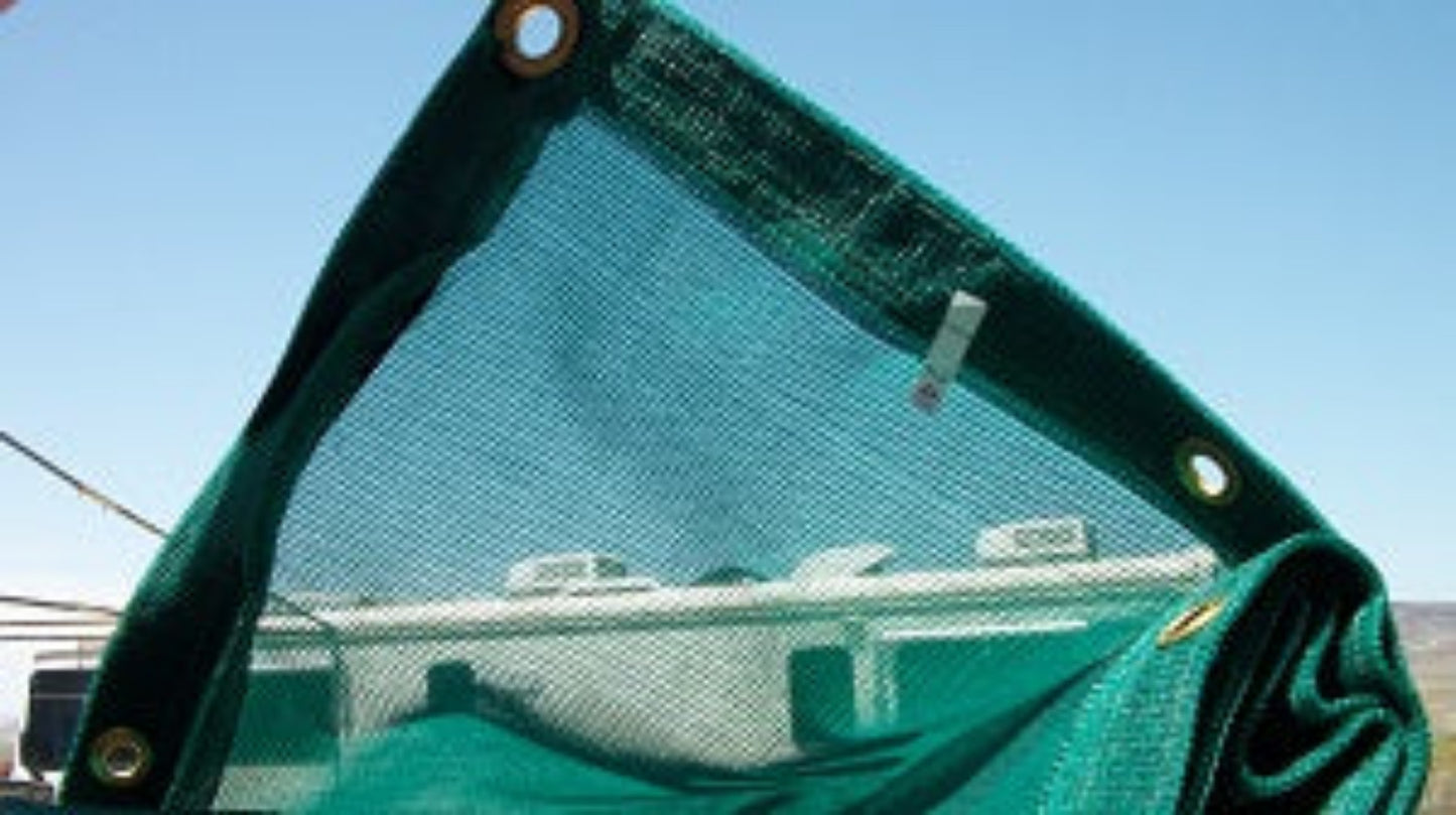 Close-up of breathable green mesh tarp material showing weave pattern