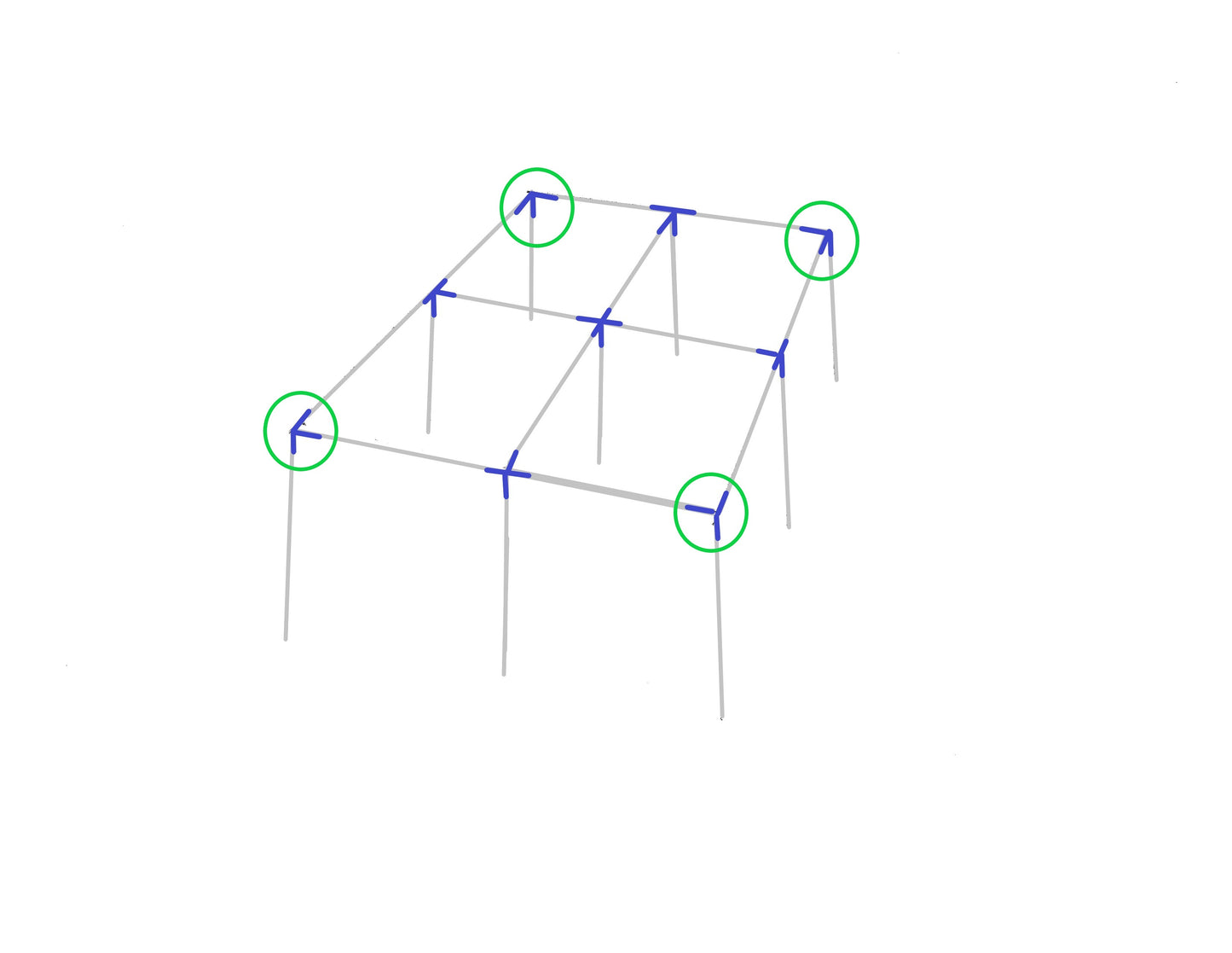 Diagram showing 3-way flat corner fitting placement on canopy frame structure