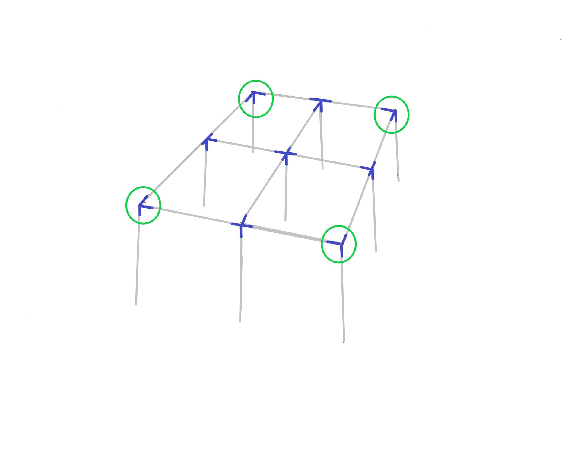 Diagram showing 3-way flat corner fitting placement on canopy frame structure
