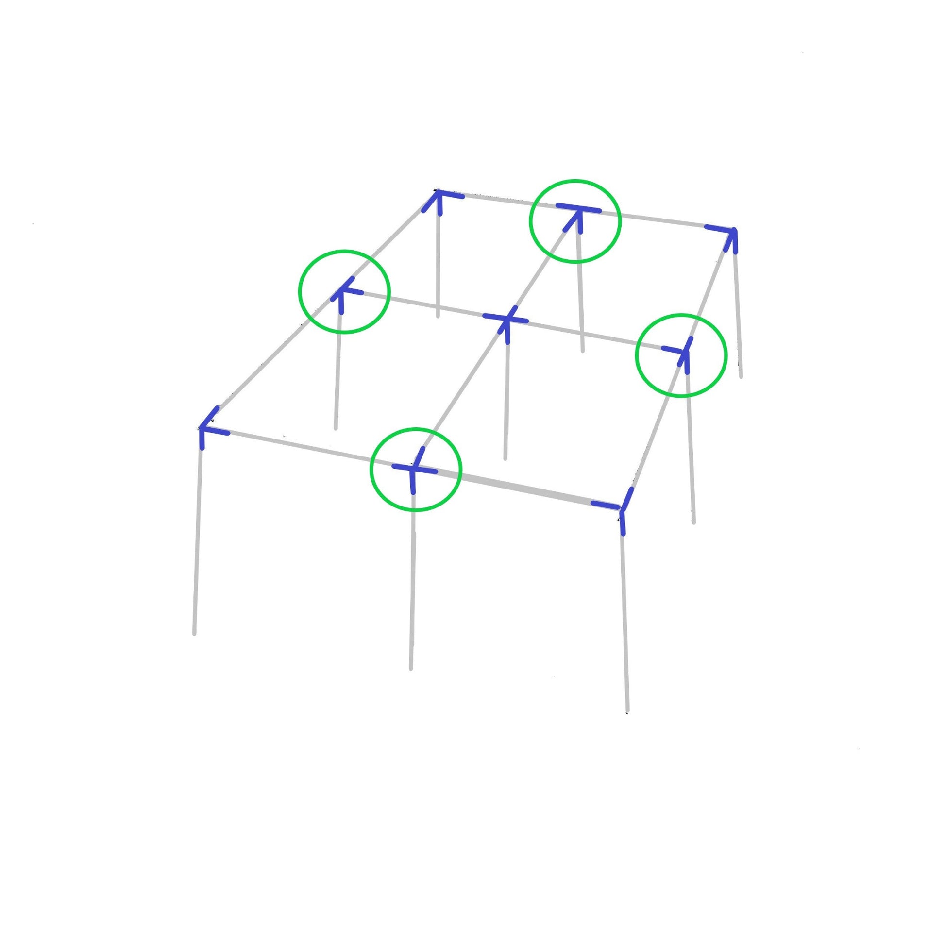 Diagram showing 4-way flat edge side fitting placement on canopy frame structure