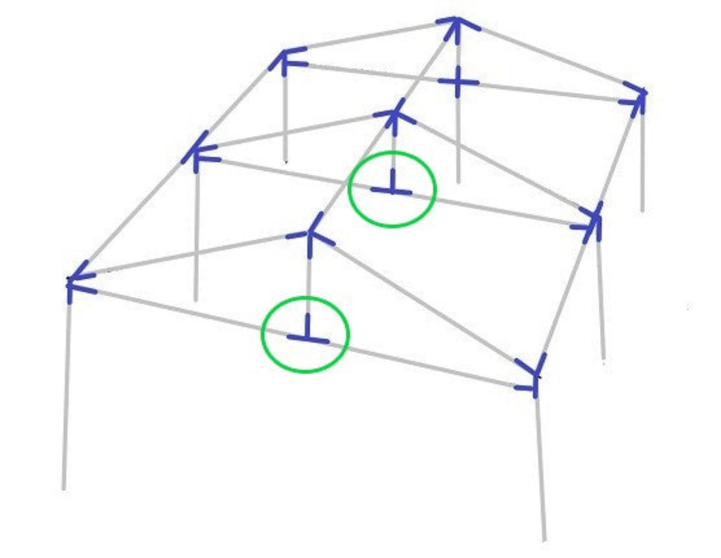 Installation diagram showing 3-way  T shaped fitting placement on canopy frame using support fittings 