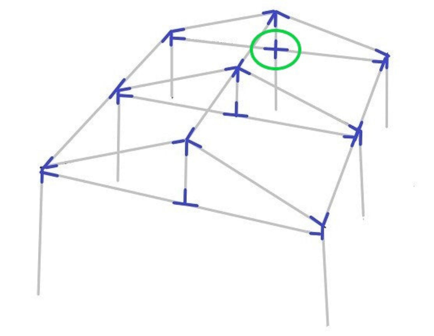 Diagram showing 4-way X shaped fitting placement on canopy frame structure