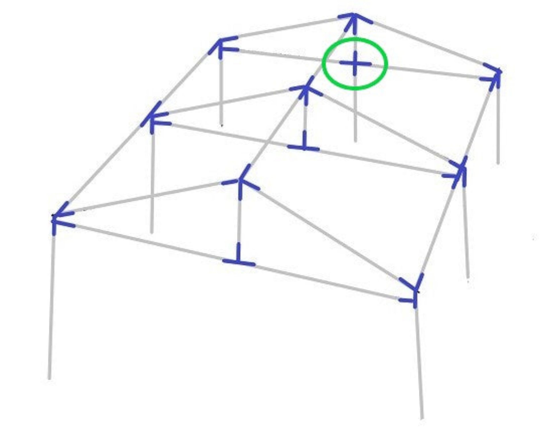 Diagram showing 4-way X shaped fitting placement on canopy frame structure