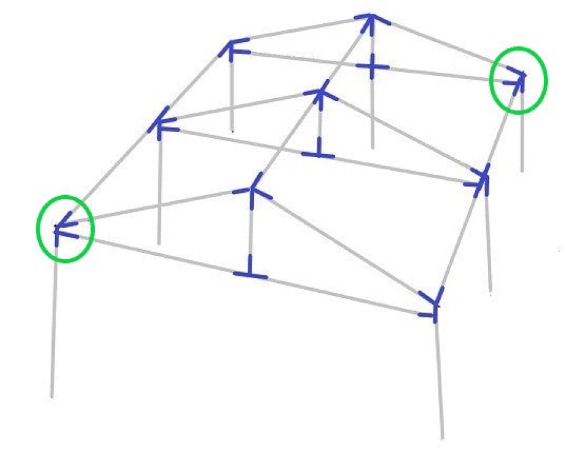 Diagram showing 4-way low peak left corner support fitting placement on canopy frame structure