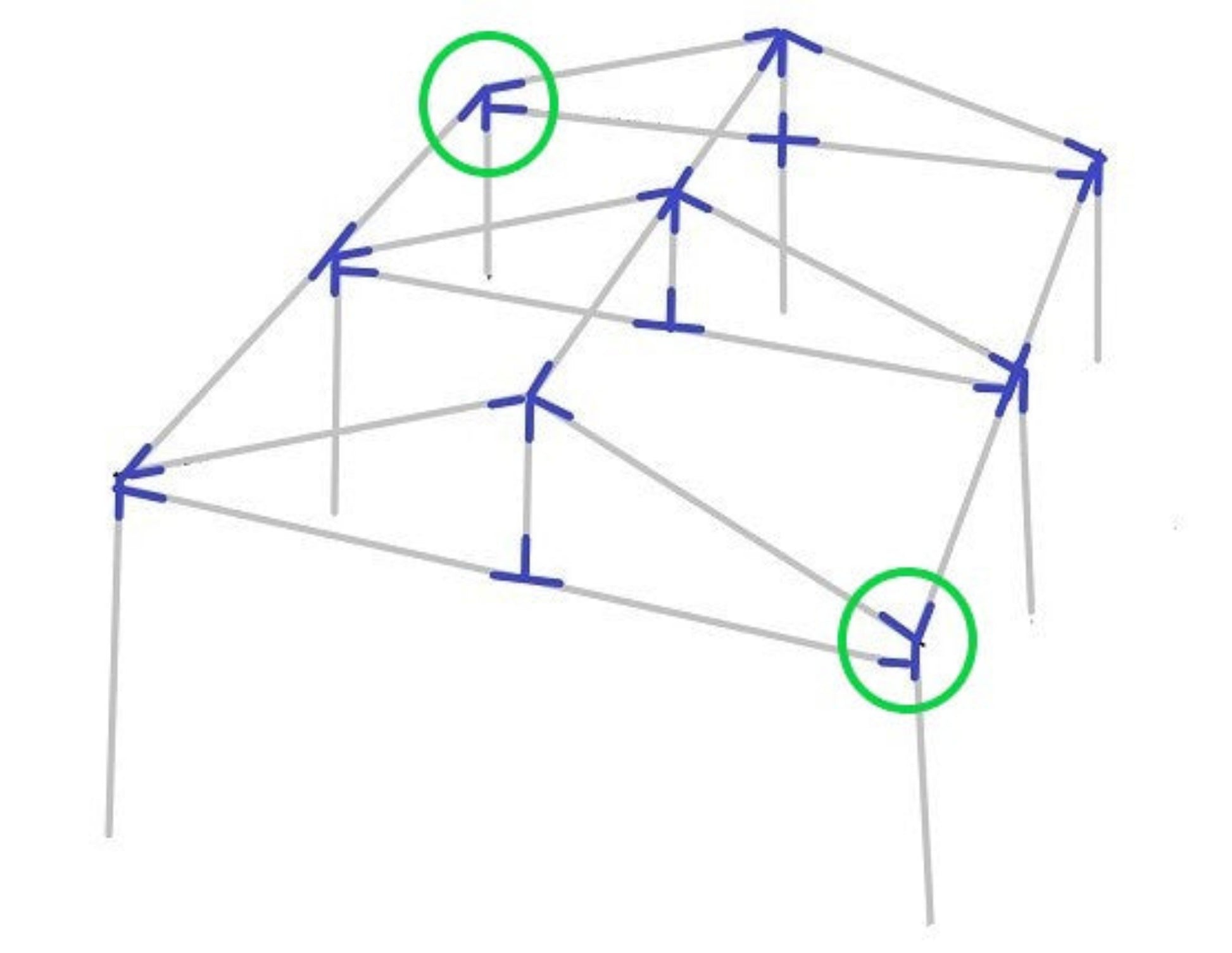 Diagram showing 4-way low peak right corner support fitting placement on canopy frame structure