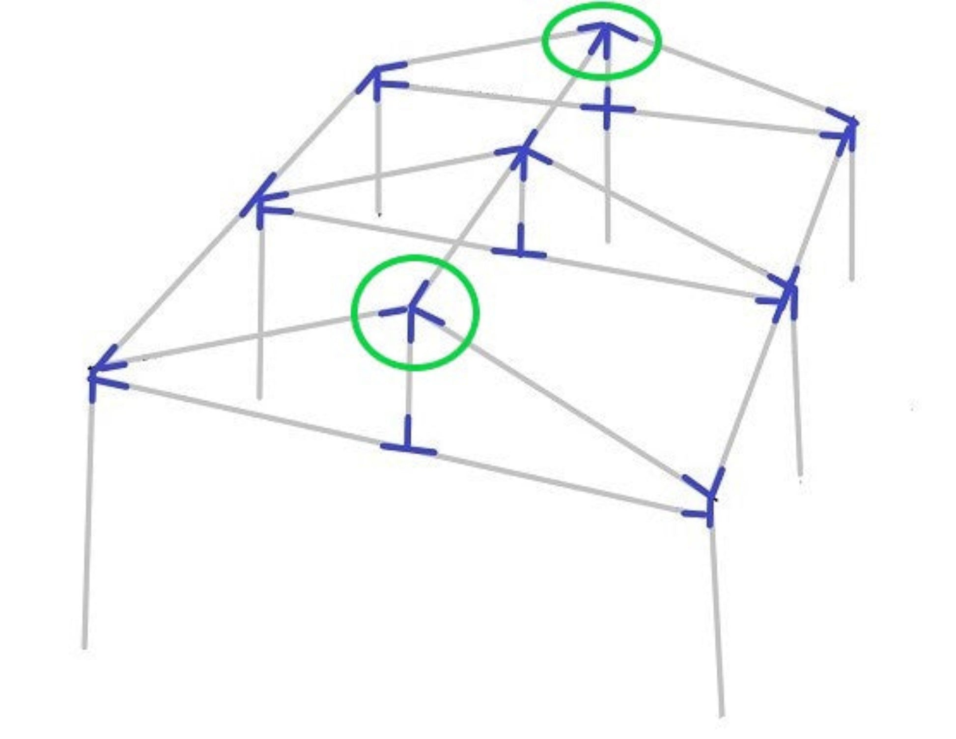 Diagram showing 4-way low peak top end with leg fitting placement on canopy frame structure using support fittings