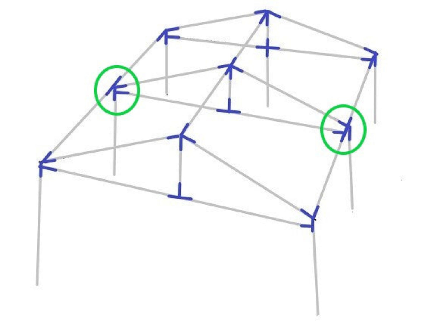 Diagram showing 5-way low peak edge side support fitting placement on canopy frame structure
