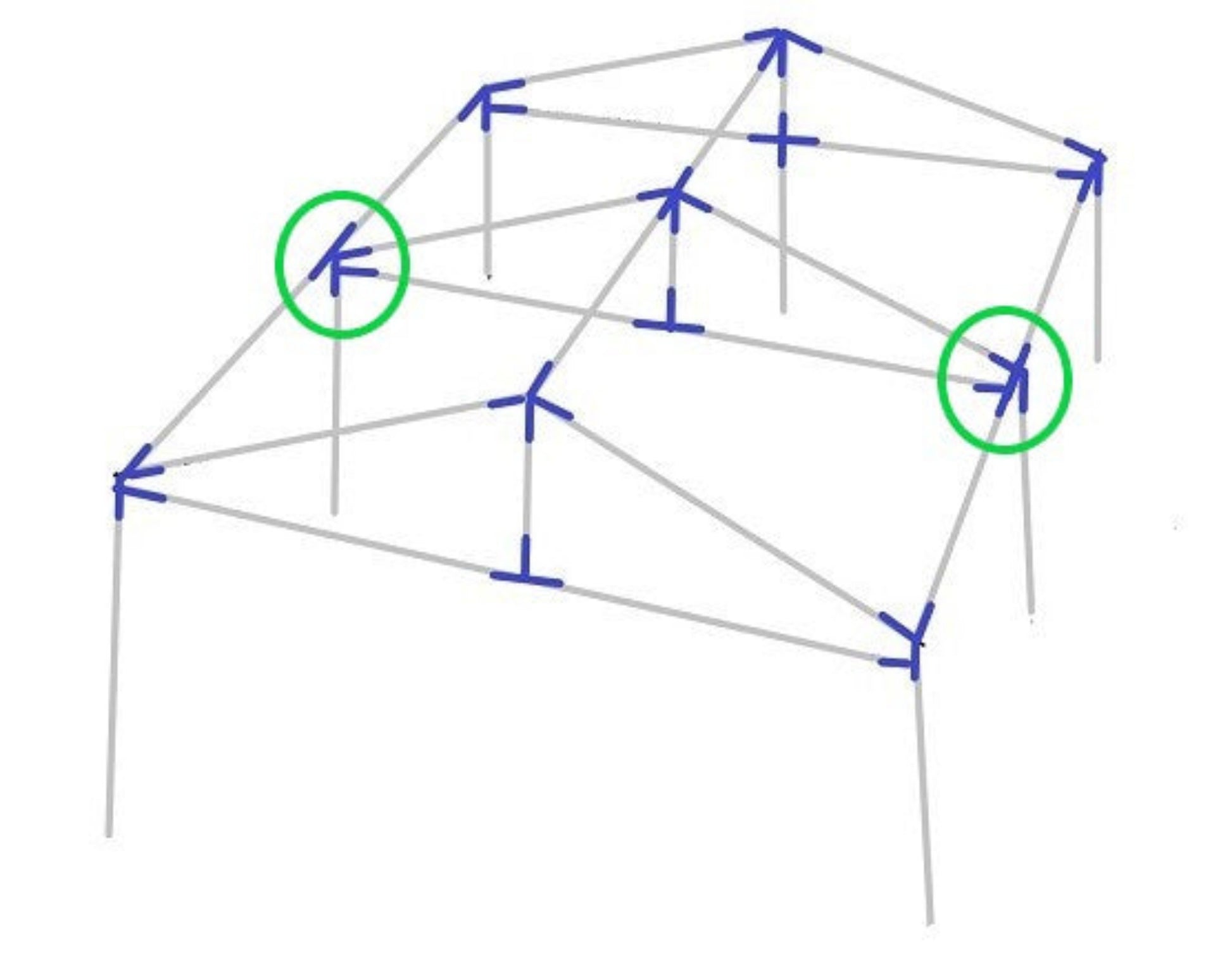 Diagram showing 5-way low peak edge side support fitting placement on canopy frame structure