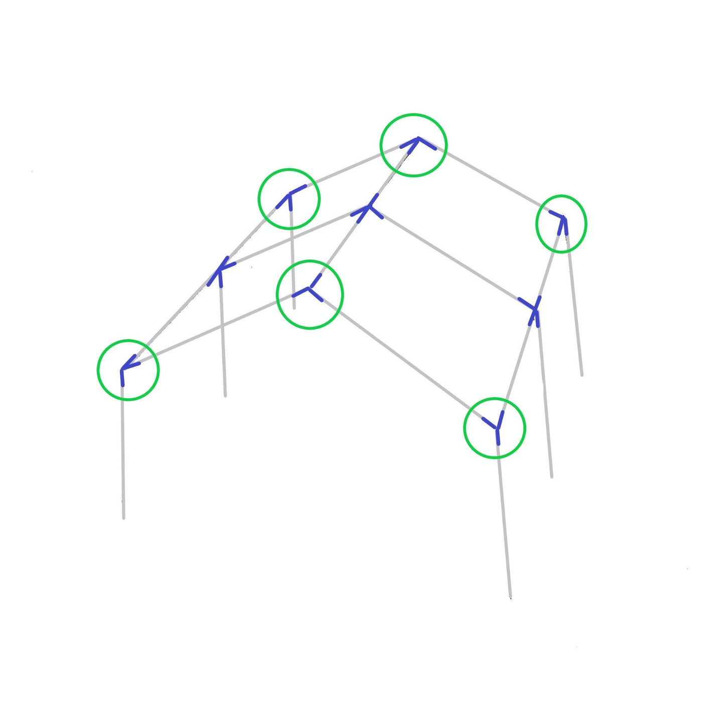 Diagram showing 3-way high peak corner top end fitting placement on canopy frame structure